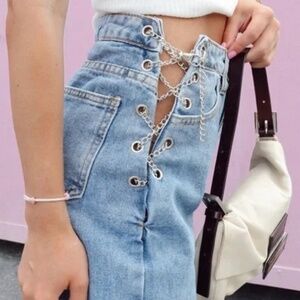 NWT Colorful Natalie Kyla Wide Leg Chain side lace-up jeans Size Large